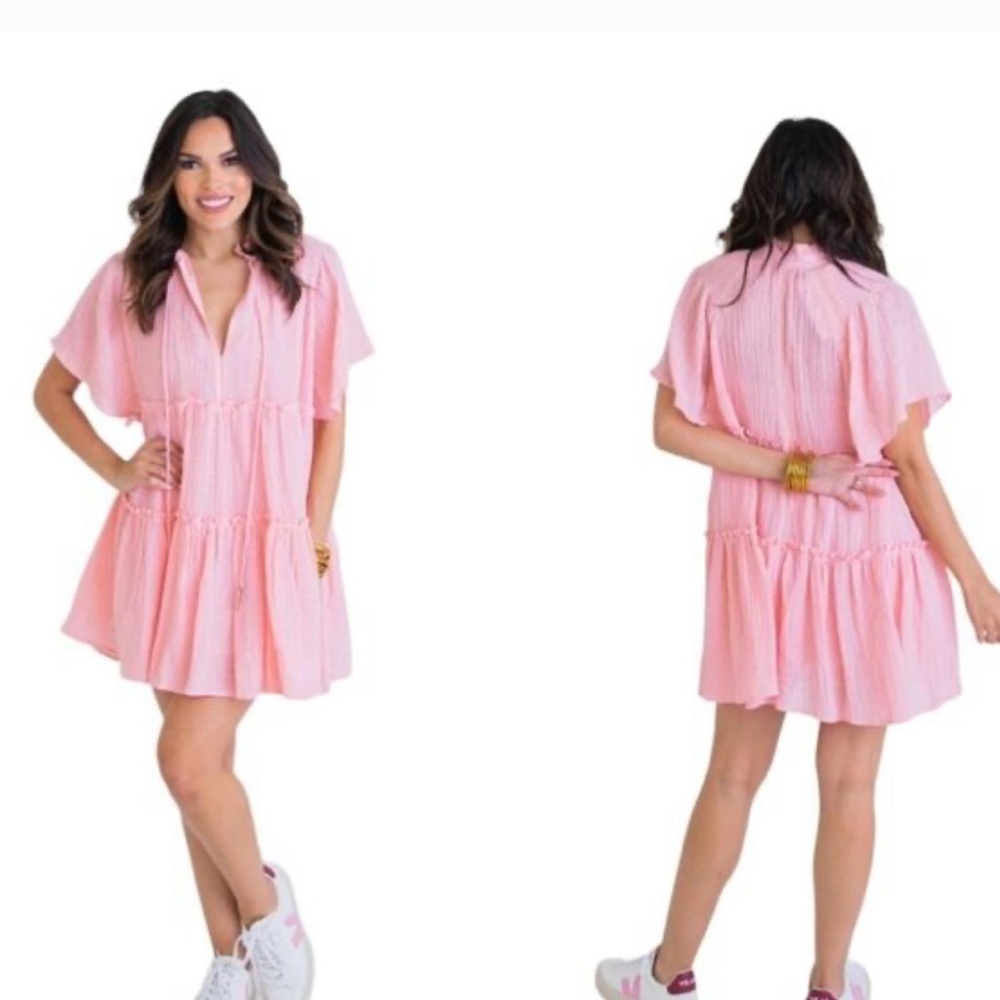 Karlie Light Pink Peach Linen Gauze Boho Dress with Tiered Ruffles NWT Sz S
